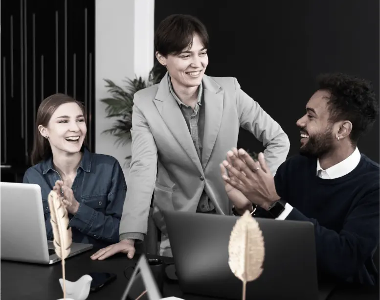 three people having a funny discussion