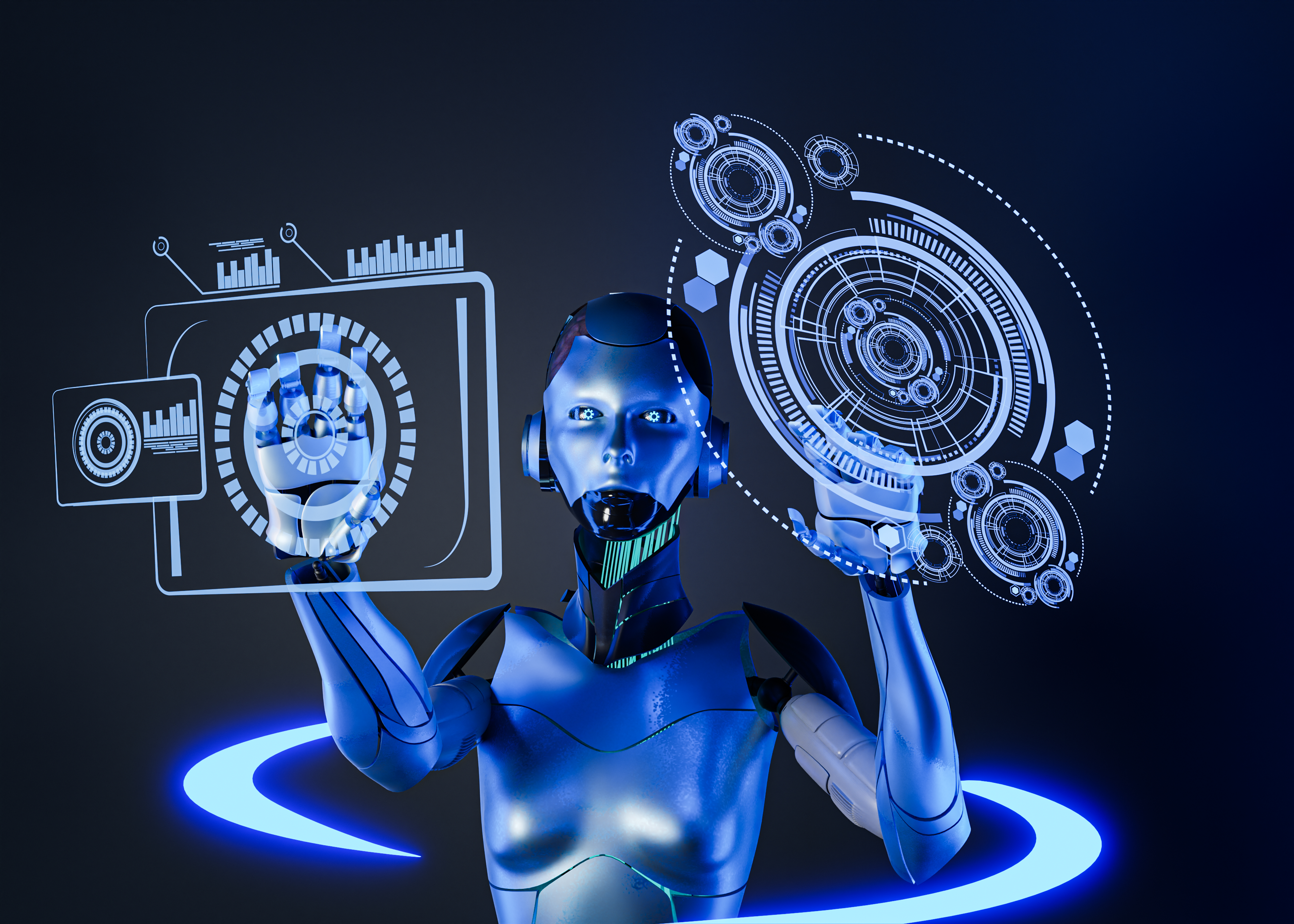 A robot managing tasks on a projector control panel